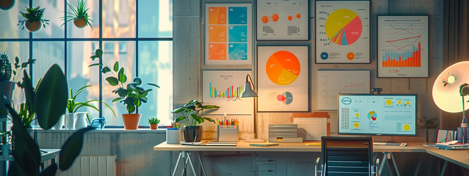 a vibrant workspace filled with inspirational content marketing materials, showcasing a variety of colourful graphs and brainstorming boards illuminated by soft, natural light, exuding an atmosphere of creativity and strategic insight.