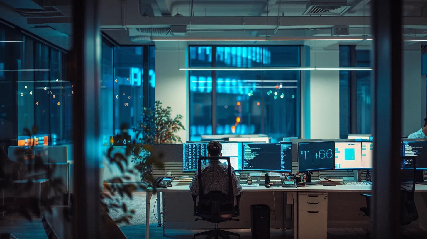 a sleek, modern office space in montreal, illuminated by artificial lighting, showcases a focused professional examining digital analytics on multiple computer screens, underscoring the importance of seo audit services.